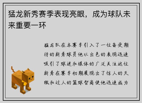 猛龙新秀赛季表现亮眼，成为球队未来重要一环