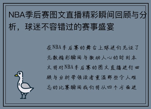 NBA季后赛图文直播精彩瞬间回顾与分析，球迷不容错过的赛事盛宴